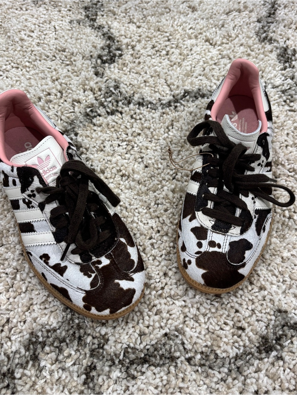 adidas Cow-Print Sneakers in White, Brown & Pink